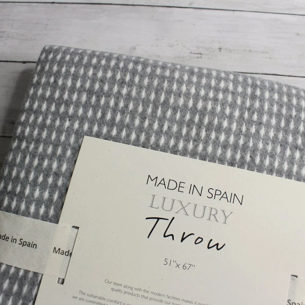 Made in Spain Throw Blanket Gray Cream with Fringe Cotton Blend